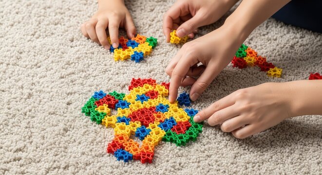 Close up of hands arranging colorful interlocking plastic blocks into precise patterns on a soft rug, showing focused cooperative creativity, plastic blocks, connection, development