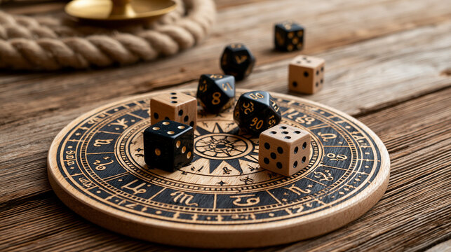 Flat lay of a zodiac wheel and astrology dice arranged on a wooden table, horoscope planning tools, with copy space