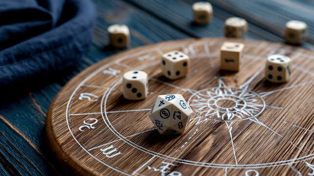 Flat lay of a zodiac wheel and astrology dice arranged on a wooden table, horoscope planning tools, with copy space