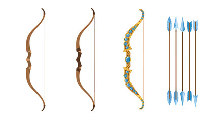 Fototapeta premium Elegant archery equipment featuring two simple wooden bows, one ornate golden bow with blue gems, and a set of arrows.