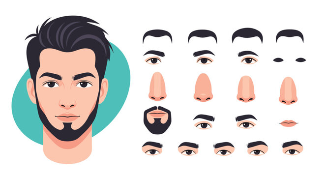 Handsome male face model sheet with various customizable eyebrows, eyes, noses, and beard options for avatar creators.