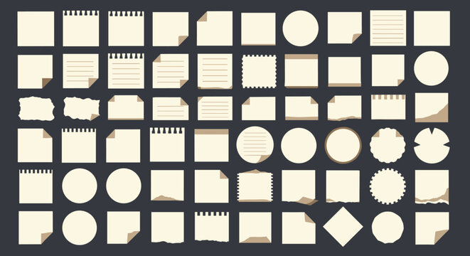 Huge collection of blank yellow sticky notes, ripped papers, message pads, and circle reminders on a dark background.