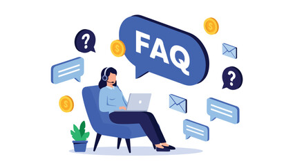 FAQ Concept with Customer Support: An illustration representing frequently asked questions (FAQ) with a customer support agent wearing a headset and using a laptop. Various icons like chat bubbles. © fantastic