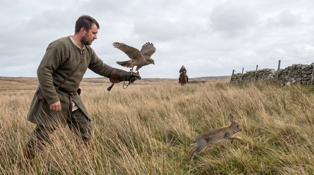 Falconer Releasing Hawk to Hunt Rabbit in Grassy Field with Horseman