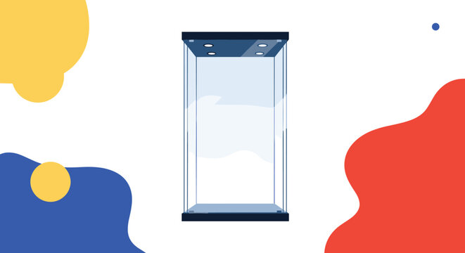 Modern glass elevator cabin or transparent museum display case over abstract blue and red shape backgrounds.