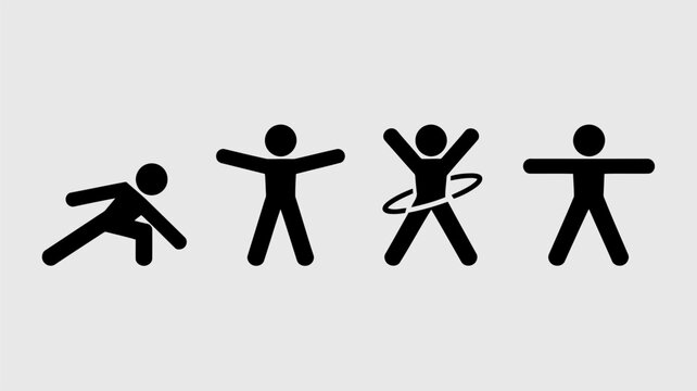 Four black stick figures showing progression of movement from squatting to jumping and standing