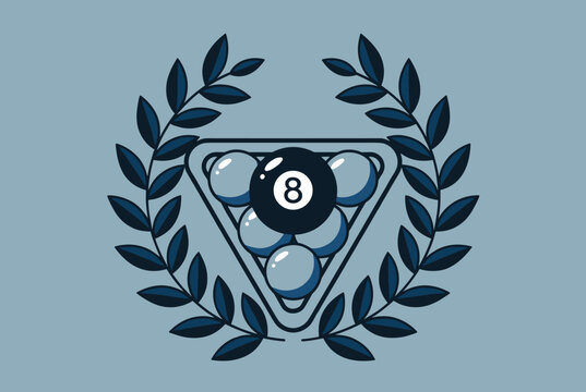 Billiard game championship logo depicting a rack of pool balls with the black eight ball and a laurel wreath.
