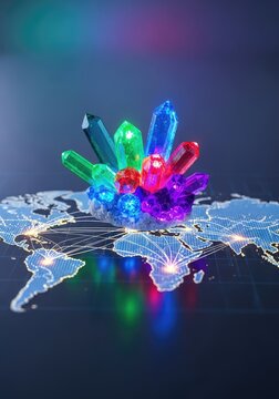 Glowing crystalline rare earth minerals sit atop a digital world map illustrating global trade routes and strategic resource extraction, export, inventory, mining