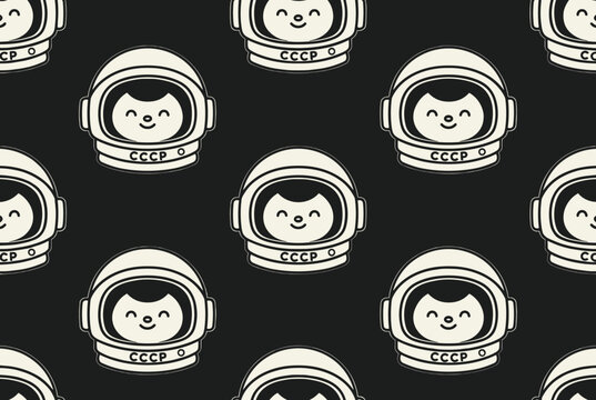 Playful seamless pattern of a cute cat wearing a retro Soviet space helmet labeled CCCP on a black backdrop.