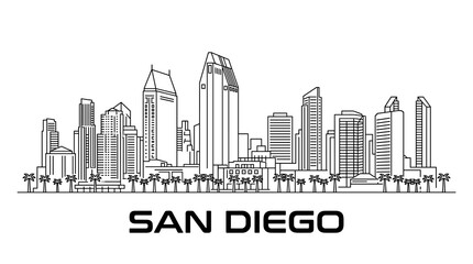 Fototapeta premium San Diego Skyline Vector Illustration in Minimal Black and White Line Art Architectural Sketch Style