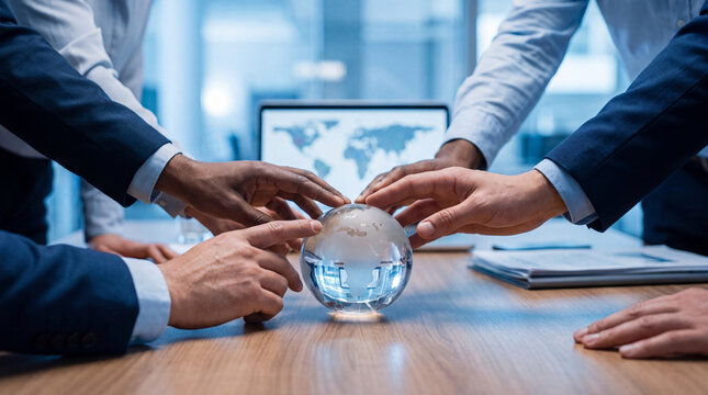 Business hands around globe global teamwork office meeting corporate team glass sphere partnership strategy blue suit hand