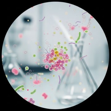 High magnification view of diverse microbial cells and bacteria cultures moving through a liquid medium in a clinical laboratory setting, pathology, biotechnology, fluid