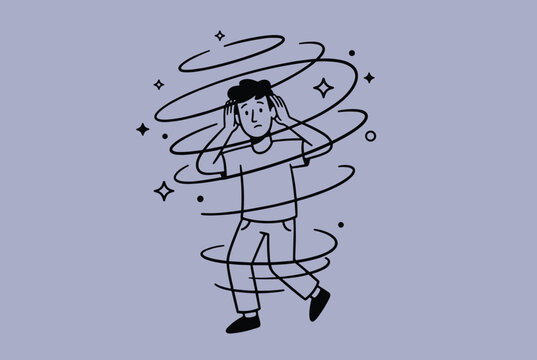 Stressed or dizzy man clutching his head surrounded by black spinning swirl lines representing confusion or vertigo.
