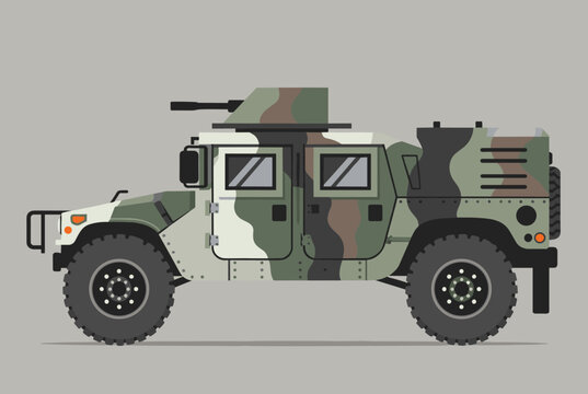Camouflaged military humvee vehicle illustration with a mounted machine gun on a plain gray background.