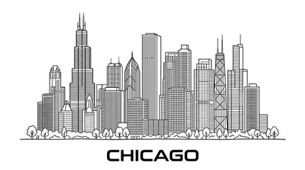 Fototapeta premium Minimal Gray Line Art Chicago Skyline with Iconic Downtown Skyscrapers and Modern Urban Vector Illustration