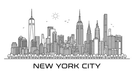 Fototapeta premium Minimal Gray Line Art New York City Skyline with Urban Landmark Outline and Modern Architectural Vector Illustration
