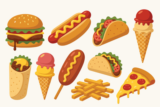 Delicious fast food collection containing pizza hamburger hot dog french fries tacos and sweet ice cream cones.