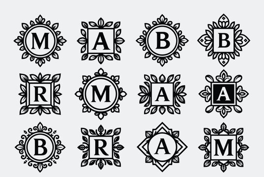 Elegant vintage monograms with floral borders and letters of the alphabet in circular and square decorative frames.