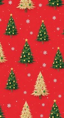 Fototapeta premium Seamless holiday pattern with festive gold and green decorated trees and small white snowflakes scattered over a vibrant red backdrop, snow, holiday, bright