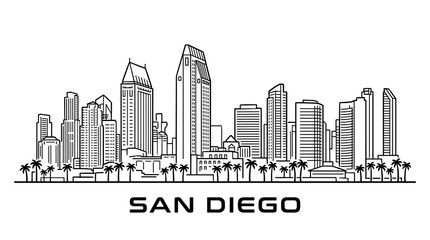 Fototapeta premium Minimal San Diego Skyline with Waterfront Skyscrapers, Gray Outline Cityscape Vector Illustration