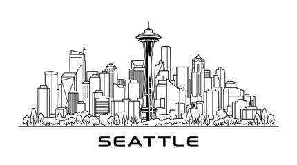 Obraz premium Minimal Seattle Skyline with Space Needle and Downtown Landmarks, Gray Outline Vector Illustration