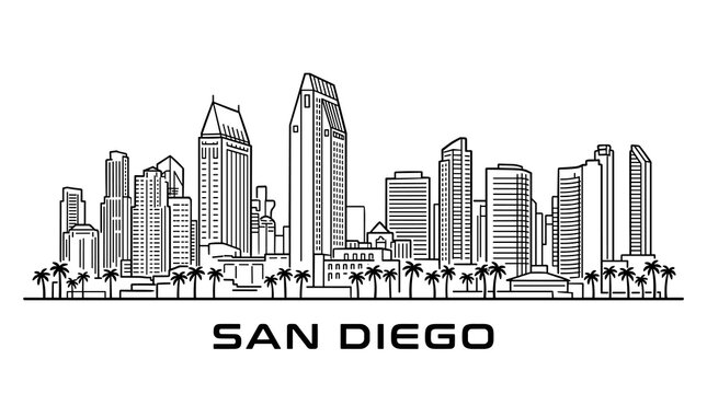 Minimal San Diego Skyline with Waterfront Skyscrapers, Gray Outline Cityscape Vector Illustration