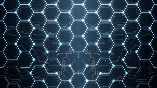 Futuristic digital hexagonal grid pattern with glowing circuit lines and data nodes on a dark background transparent background