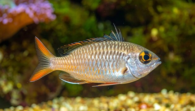 A small silver fish with orange fins and tail swims near the camera in front of a blurred underwater background