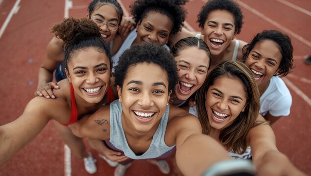 Group of diverse young women athletes taking a selfie together on a running track after a training session outdoors