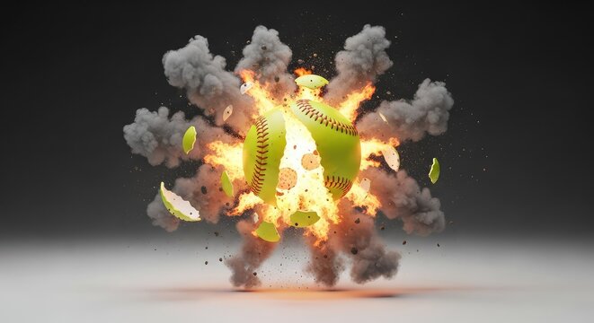 A dynamic yellow softball bursting apart mid-air amidst a powerful explosion of vibrant orange flames, thick grey smoke, and flying debris, fragments, ashes, motion