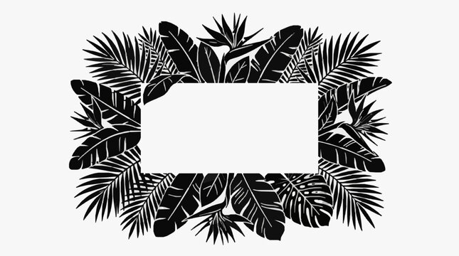 Tropical palm leaf frame border design in black and white.