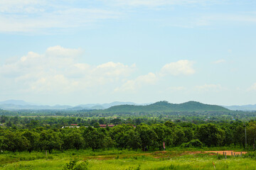 Fototapeta premium Green landscape featuring trees and distant mountains