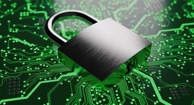 A metal padlock rests on a glowing green circuit board, illustrating cybersecurity, data privacy, and digital infrastructure protection, cloud, metallic, storage