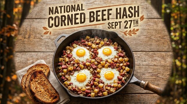 Corned Beef Hash with Fried Eggs in Skillet on Wooden Table