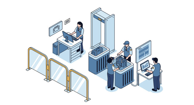 Isometric illustration of an airport security checkpoint with staff operating scanners, metal detectors, and luggage checks.