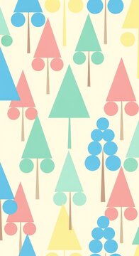 A seamless wallpaper design featuring stylized geometric trees in soft pastel hues, blending triangles and circles for a modern aesthetic, modern, layout, pattern