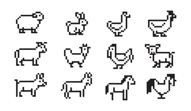 Pixel art farm animal icons set featuring goat sheep horse rabbit and poultry breeds.
