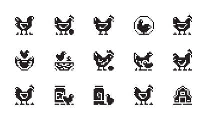 Pixel art chicken icons set for farming showing various poultry poses and barn scenes. © Ripon