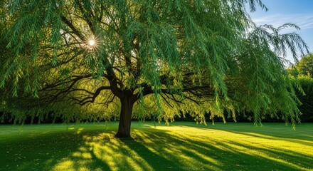 Fototapeta premium A sun-drenched summer afternoon beneath long swaying branches of a vibrant weeping willow tree casting soft shadows on lush green grass, garden, sunshine, weeping willow