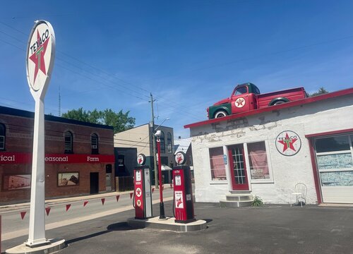 Old  vintage Texaco gas station, garage and pickup truck in Coldwater Ontario Canada
