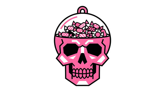Pink skull candy jar container filled with wrapped sweets Halloween vector illustration