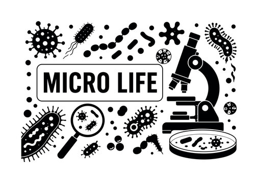 Bacteria Banner. Clean solid filled microbiology scene, microscope, microbes reaching edges. Headline: MICRO LIFE. White background black shapes. --negative prompt: color.