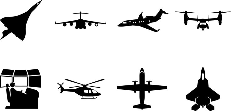 Set of black aviation vector silhouette icons featuring commercial airplane fighter jet cargo plane helicopter tiltrotor aircraft private jet pilot cockpit collection