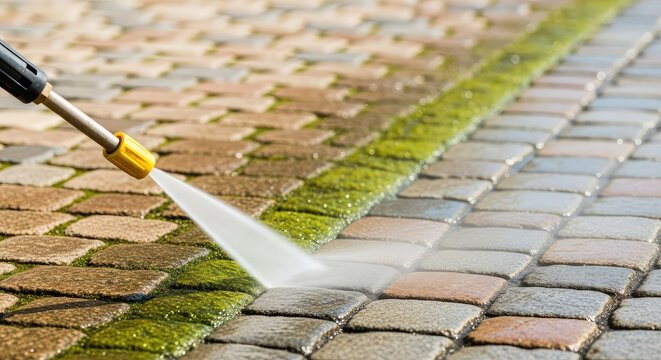 Close-up of a pressure washer cleaning a garden walkway, blasting away grime and moss from old cobblestones for a refreshed outdoor look, maintenance, power washing, wash