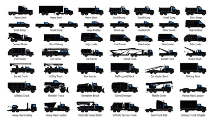 Trucks Collection Set with Black Silhouette Icons and Blue Cabs on White Background Featuring Heavy, Semi, Dump with Fire © Arzuman