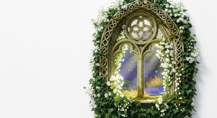Obraz premium Enchanted stone arch window surrounded by delicate white blossoms and deep green ivy, illuminated by soft sunlight in a mystical garden, organic, bloom, climbing