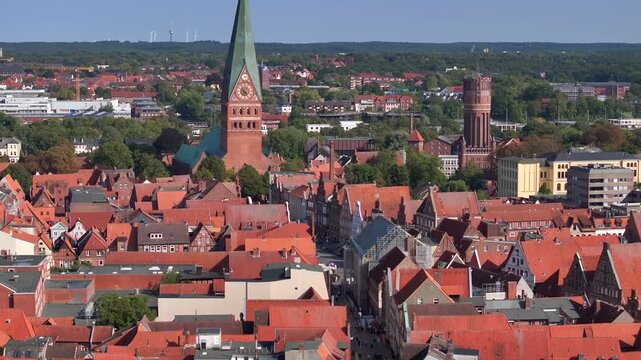 Luneburg, the German medieval town on SUnny day, Aerial shot. Northern Fachwerk and Brick Facades in Lueneburg, Germany.