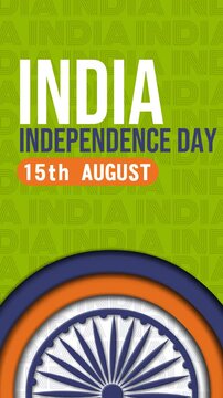Vertical India Independence Day loop video in layered paper cut style, featuring a spinning semi-circular Ashoka Chakra wheel below text typography over a green patterned mobile backdrop.