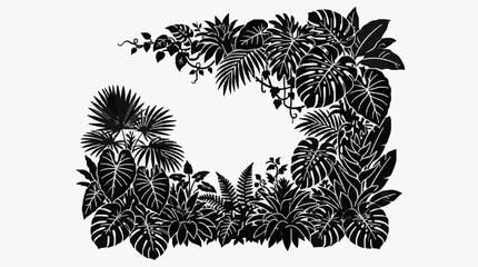 Tropical leaf wreath illustration in black and white. © Siap