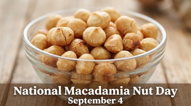 Roasted macadamia nuts in a glass bowl on wooden table